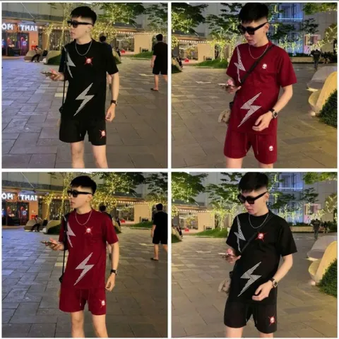 (B019) Bộ đồ nam mặc hè Cotton - poly in hoạ tiết tia sét thêu logo đầu lâu thân basic thoáng mát
