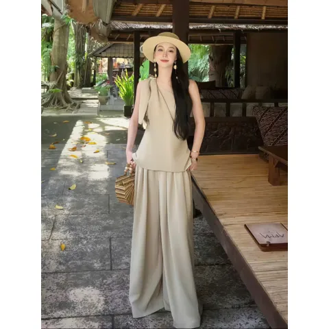 (B018) Set Bộ Nữ Thiết Kế Áo Lệch Vai Phối Vạt Quần Suông Dài Ống Rộng Sang Trọng
