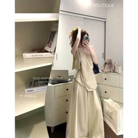 (B018) Set Bộ Nữ Thiết Kế Áo Lệch Vai Phối Vạt Quần Suông Dài Ống Rộng Sang Trọng