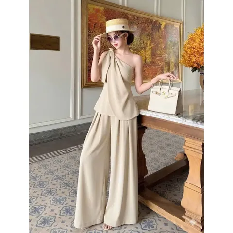 (B018) Set Bộ Nữ Thiết Kế Áo Lệch Vai Phối Vạt Quần Suông Dài Ống Rộng Sang Trọng