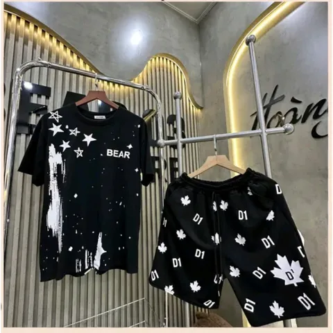 (B012) Bộ quần áo cộc nam nữ, áo thun in họa tiết Bear Lever mix quần đùi gió 2 lóp in họa tiết D2 lá phong