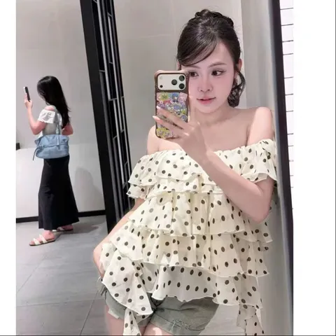 (AP009) ÁO TRỄ VAI HỌA TIẾT CHẤM BI VOAN TƠ VIỀN BÈO TUA PHÙ HỢP ĐI CHƠI ĐI CAFE