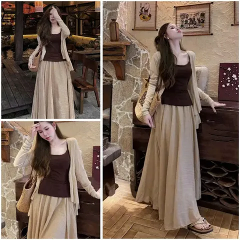 (SV002) Set Nữ Tiểu Thư 3 Chi Tiết, Áo 2 Dây Mix Áo Khoác Cardigan Kèm Chân Váy Maxi