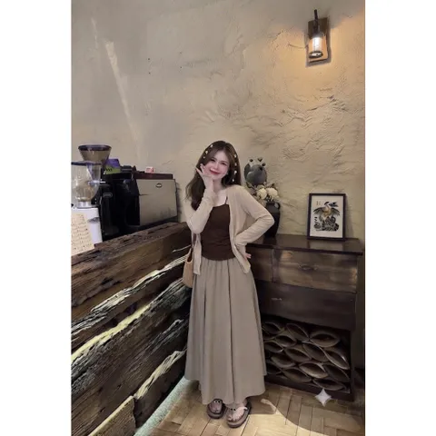 (SV002) Set Nữ Tiểu Thư 3 Chi Tiết, Áo 2 Dây Mix Áo Khoác Cardigan Kèm Chân Váy Maxi