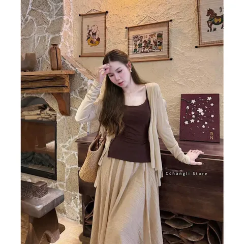 (SV002) Set Nữ Tiểu Thư 3 Chi Tiết, Áo 2 Dây Mix Áo Khoác Cardigan Kèm Chân Váy Maxi