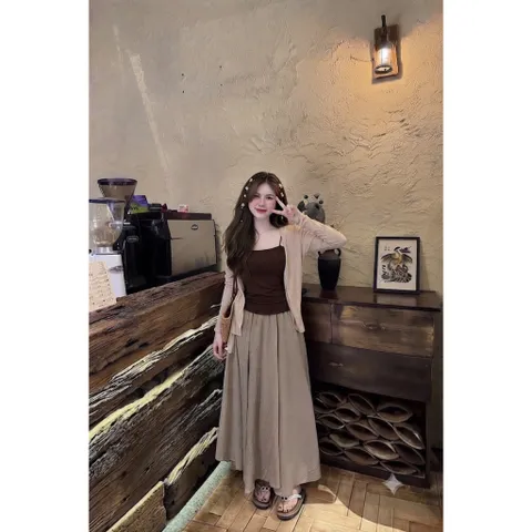 (SV002) Set Nữ Tiểu Thư 3 Chi Tiết, Áo 2 Dây Mix Áo Khoác Cardigan Kèm Chân Váy Maxi