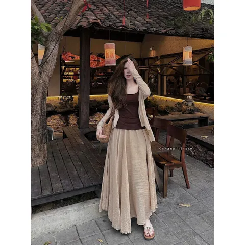 (SV002) Set Nữ Tiểu Thư 3 Chi Tiết, Áo 2 Dây Mix Áo Khoác Cardigan Kèm Chân Váy Maxi