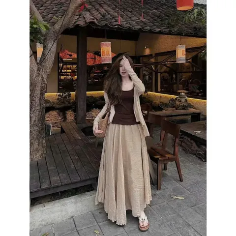 (SV002) Set Nữ Tiểu Thư 3 Chi Tiết, Áo 2 Dây Mix Áo Khoác Cardigan Kèm Chân Váy Maxi