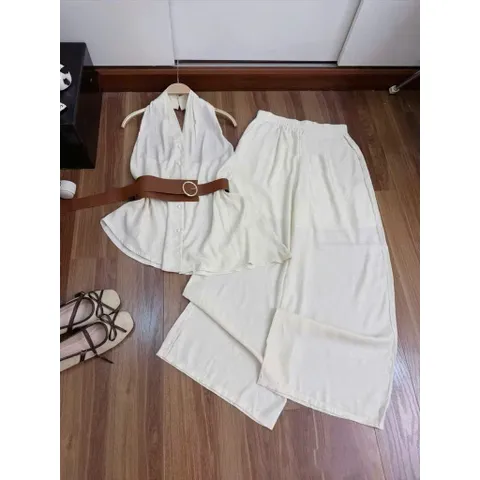 (B020) Set áo sát nách yếm cổ V mix quần suông rộng cao cấp kèm đai