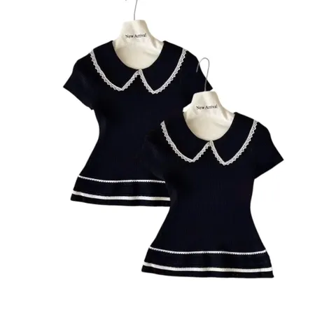 (LC003) Áo len cộc mongtoghi viền ren vạt xòe, áo len mỏng ngắn tay thiết kế cổ sen viền bèo HOT NEW 2025