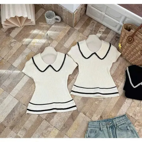 (LC003) Áo len cộc mongtoghi viền ren vạt xòe, áo len mỏng ngắn tay thiết kế cổ sen viền bèo HOT NEW 2025