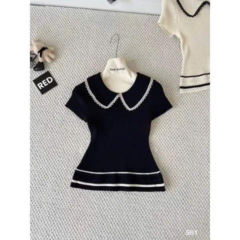 (LC003) Áo len cộc mongtoghi viền ren vạt xòe, áo len mỏng ngắn tay thiết kế cổ sen viền bèo HOT NEW 2025