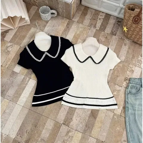 (LC003) Áo len cộc mongtoghi viền ren vạt xòe, áo len mỏng ngắn tay thiết kế cổ sen viền bèo HOT NEW 2025
