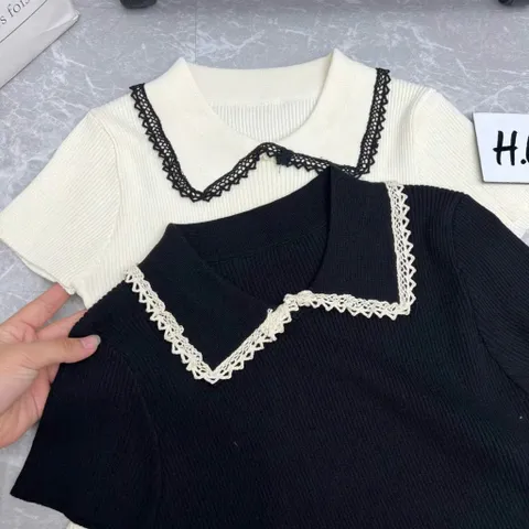 (LC003) Áo len cộc mongtoghi viền ren vạt xòe, áo len mỏng ngắn tay thiết kế cổ sen viền bèo HOT NEW 2025