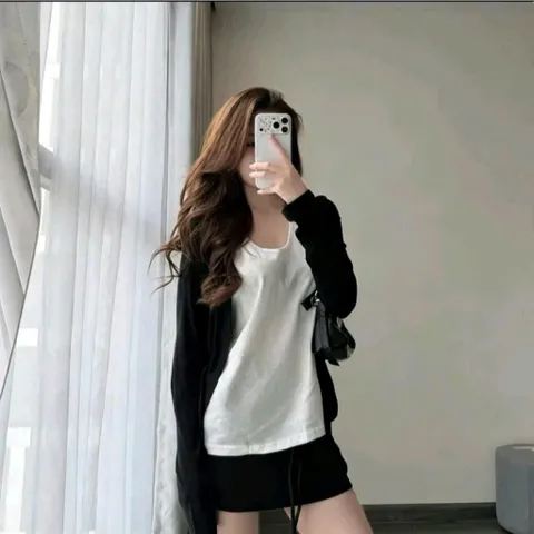 (SV005) Set bộ 3 chi tiết áo 3 lỗ kết hợp với chân váy A dáng ngắn kèm áo Cardigan xinh xắn dễ thương