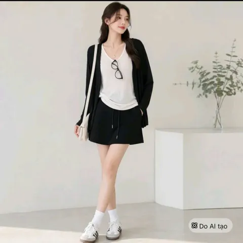 (SV005) Set bộ 3 chi tiết áo 3 lỗ kết hợp với chân váy A dáng ngắn kèm áo Cardigan xinh xắn dễ thương