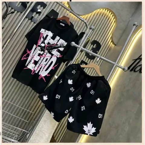 (B011) Bộ quần áo cộc nam nữ, áo thun form rộng in họa tiết THEWWEIRD mix quần đùi gió 2 lớp in D2 lá phong