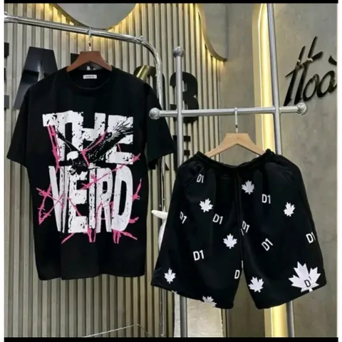 (B011) Bộ quần áo cộc nam nữ, áo thun form rộng in họa tiết THEWWEIRD mix quần đùi gió 2 lớp in D2 lá phong