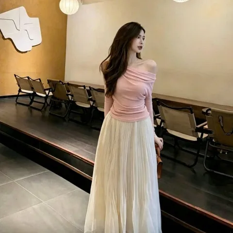 (SV001) Set váy tiểu thư 2 chi tiết, áo thun zip lệch vai mix chân váy voan xếp ly dáng
