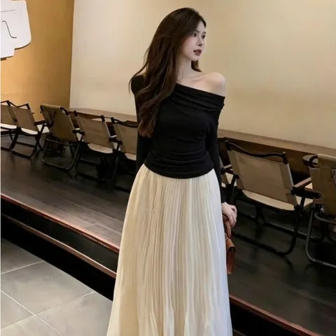 (SV001) Set váy tiểu thư 2 chi tiết, áo thun zip lệch vai mix chân váy voan xếp ly dáng