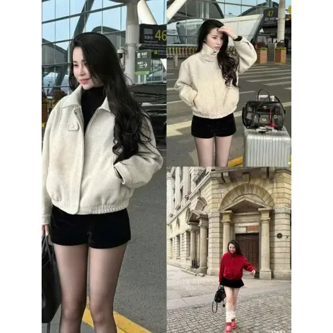 Áo khoác dạ ép khóa kéo bo chun, áo dạ cổ đứng cúc bấm