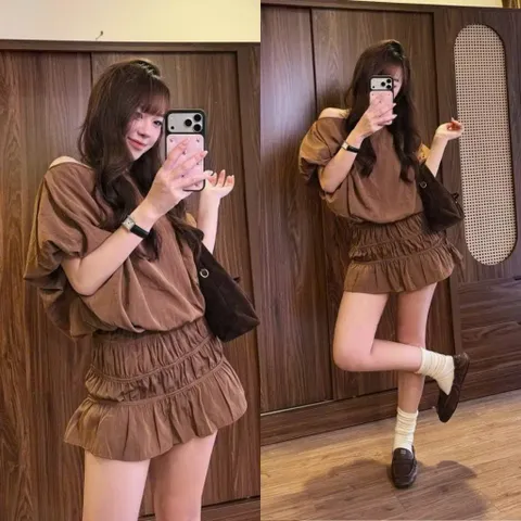 (B015) Set Bộ Áo Kiểu Trễ Vai Nữ Mix Chân Váy Nhún Basic Dễ Mặc - Set Đồ Nữ Đi Chơi Thanh Lịch Dễ Phối