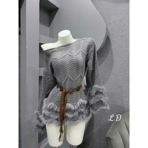 (LT002) Áo len trễ vai phối viền lông giấu quần/len sóng hàng QCCC (có kèm đai)