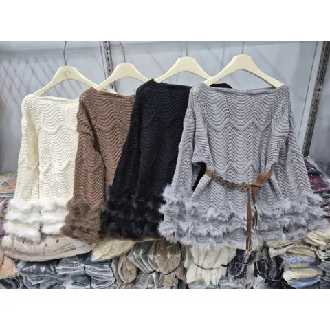 (LT002) Áo len trễ vai phối viền lông giấu quần/len sóng hàng QCCC (có kèm đai)