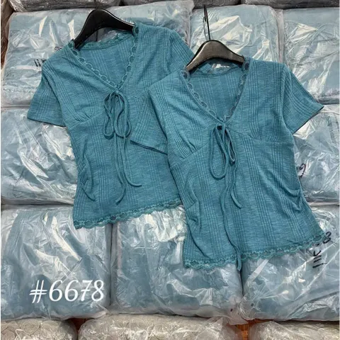 (AP008) Áo phông thun nữ cộc tay cổ V cổ nơ viền bèo tua rua màu xanh basic form vừa hàng QC