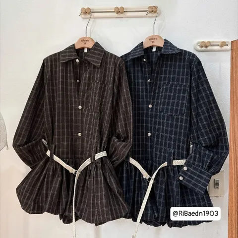 (SV005) Váy Jum kẻ sơ mi túi ngực hàng khuy đồng dây đai kèm belt đan chân bí bồng