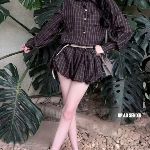 (SV005) Váy Jum kẻ sơ mi túi ngực hàng khuy đồng dây đai kèm belt đan chân bí bồng