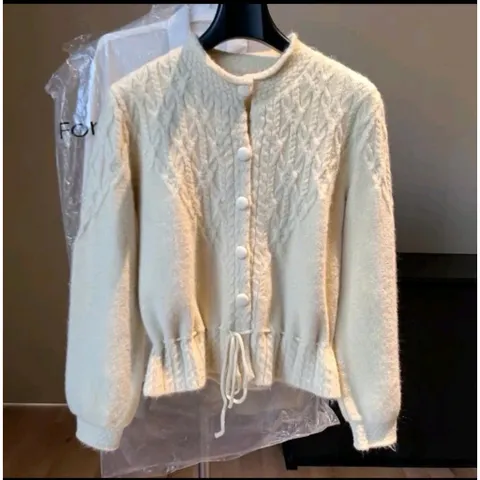 Áo len cardigan cúc boc dây rút eo, áo len sợi kim tuyến lấp lánh sang chảnh hàng QC
