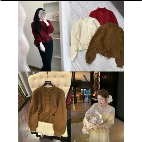 Áo len cardigan cúc boc dây rút eo, áo len sợi kim tuyến lấp lánh sang chảnh hàng QC