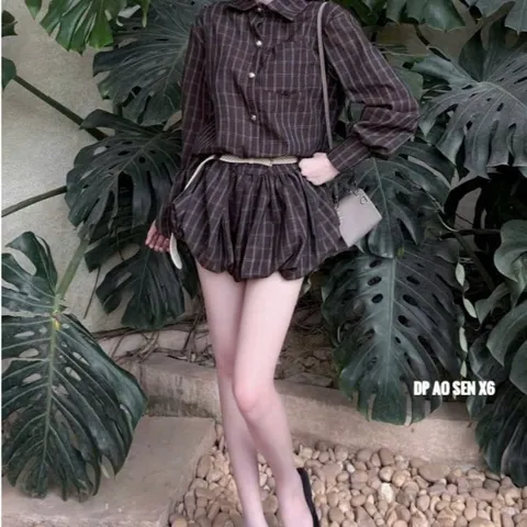 (SV005) Váy Jum kẻ sơ mi túi ngực hàng khuy đồng dây đai kèm belt đan chân bí bồng