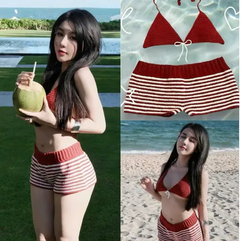 Set bikini len dệt kim 2 mảnh, Áo tam giác + quần short kẻ sọc phong cách sexy