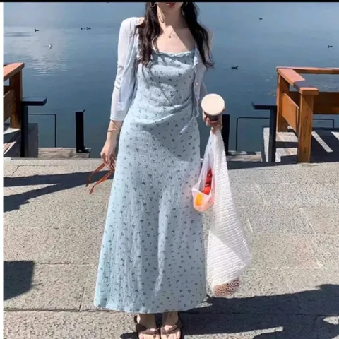 (SV003) Set váy 2 dây hoa nhí kèm áo cardigan, phù hợp mặc hàng ngày, đi chơi, đi du lịch
