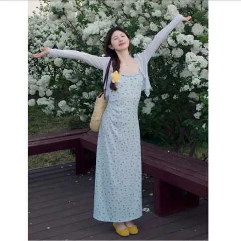 (SV003) Set váy 2 dây hoa nhí kèm áo cardigan, phù hợp mặc hàng ngày, đi chơi, đi du lịch