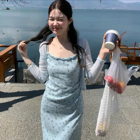 (SV003) Set váy 2 dây hoa nhí kèm áo cardigan, phù hợp mặc hàng ngày, đi chơi, đi du lịch