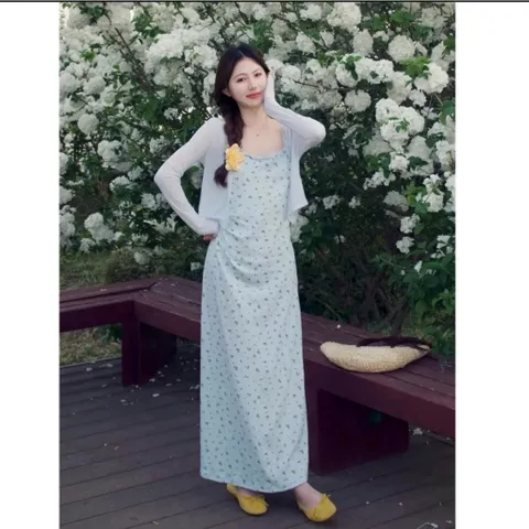 (SV003) Set váy 2 dây hoa nhí kèm áo cardigan, phù hợp mặc hàng ngày, đi chơi, đi du lịch