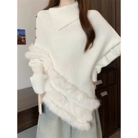 Áo len nữ cổ lọ viền bất dối xứng phối lông, tay cánh dơi, Áo dáng rộng độc đáo