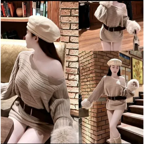 (LT004) ÁO LEN NỮ DỆT KIM LỆCH VAI TAY PHỐI LÔNG (KÈM ĐAI)