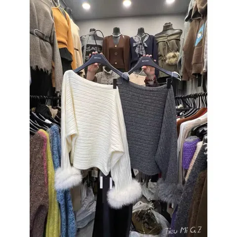 (LT004) ÁO LEN NỮ DỆT KIM LỆCH VAI TAY PHỐI LÔNG (KÈM ĐAI)