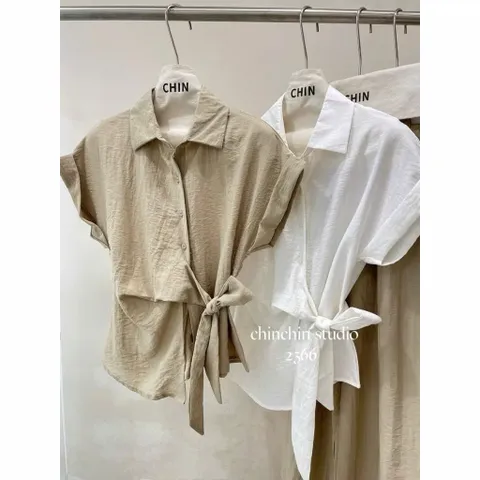 (B014) Set sơ mi thắt nơ eo phối quần suông, hàng QC