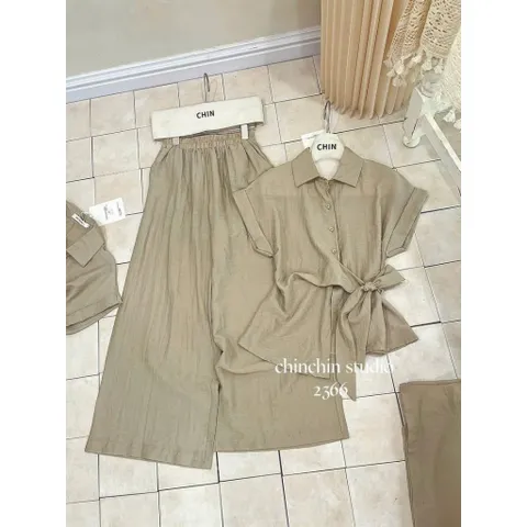(B014) Set sơ mi thắt nơ eo phối quần suông, hàng QC