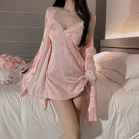 Váy Ngủ Lụa Sexy Họa Tiết Trái Tim Đầm Ngủ Nữ 2 Dây Mặc Nhà - N206 Hồng