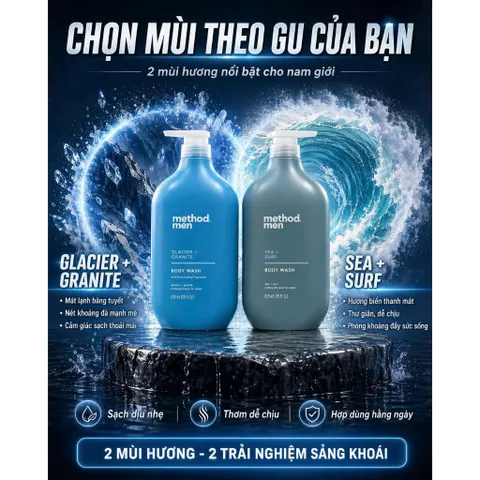 Sữa tắm nam Method Men Body Wash 828ml Glacier + Granite / Sea + Surf Thơm Tho & Cuốn Hút