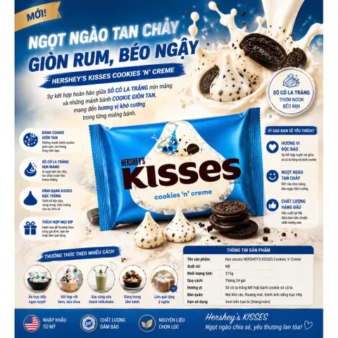 Socola Hershey's Kisses Trắng Nhân Cookie 315g - Đỉnh Cao Ăn Vặt Mỹ