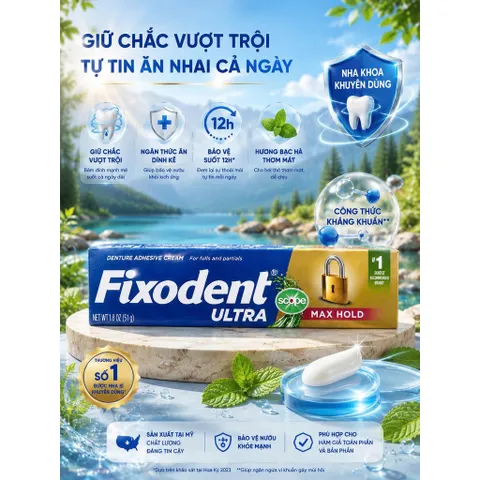 [HÀNG MỸ] Kem Dán Hàm Giả Fixodent Ultra Max Hold Hương Bạc Hà Scope (Tuýp 51g)