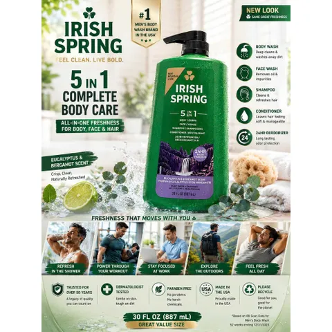 [CHAI ĐẠI SIÊU TIẾT KIỆM] Sữa Tắm Gội Nam Đa Năng Irish Spring 5in1 887ml