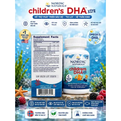 [LÔ MỚI XA] Viên Nhai Bổ Mắt Thông Minh Nordic Naturals Children's DHA Xtra 636mg 90 Viên